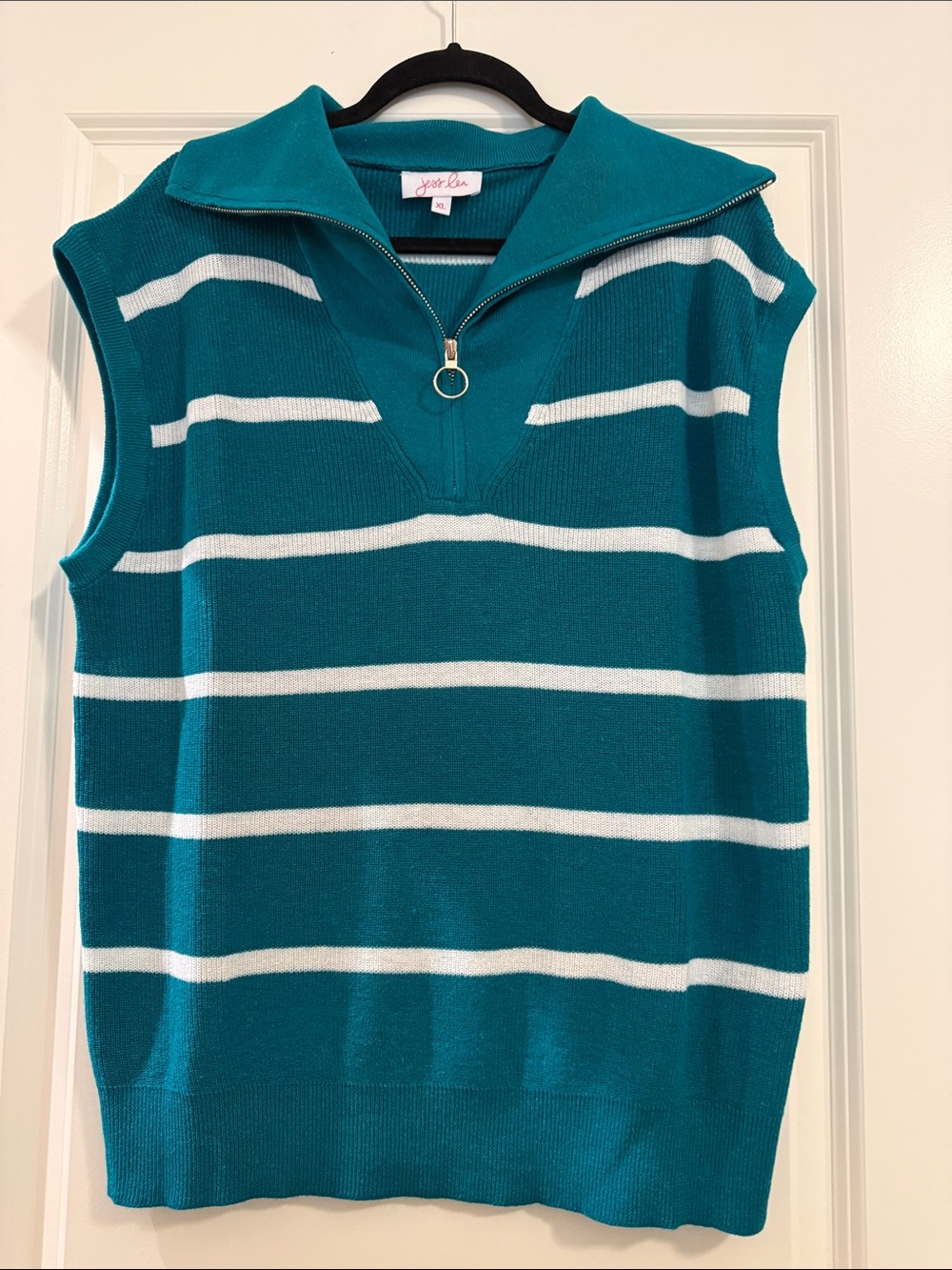 Jess Lea Teal and White Striped Sleeveless Zip-Up Sweater- Never Worn!